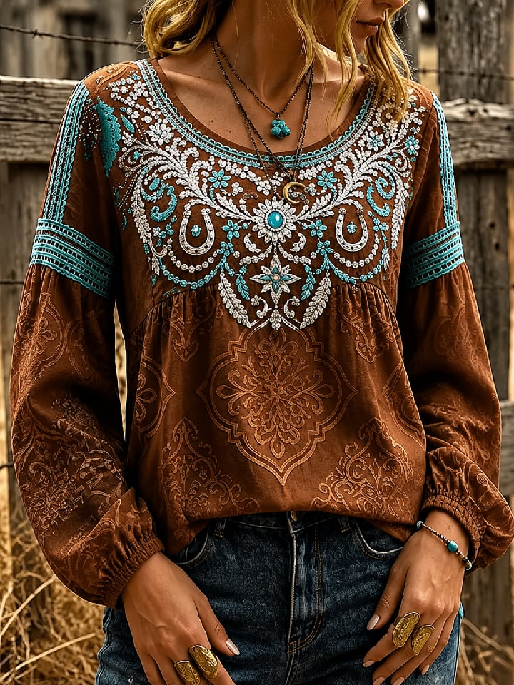 Damen-Top im Vintage-Western-Stil mit Print