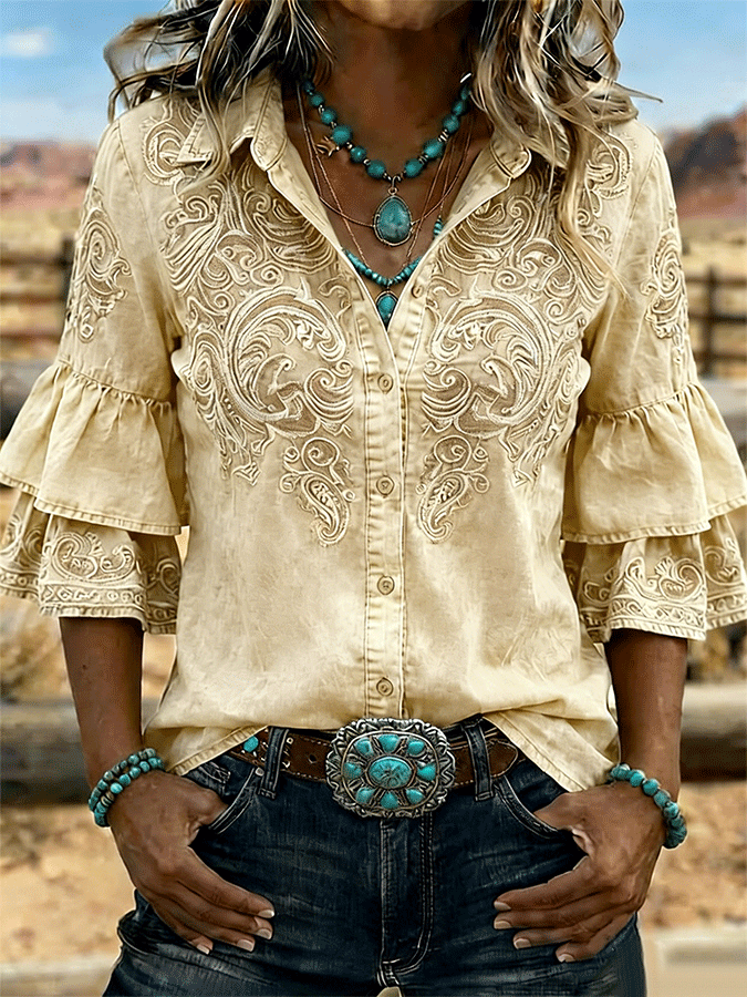 Women's Vintage Floral Print Casual Ruffle Lapel Shirt