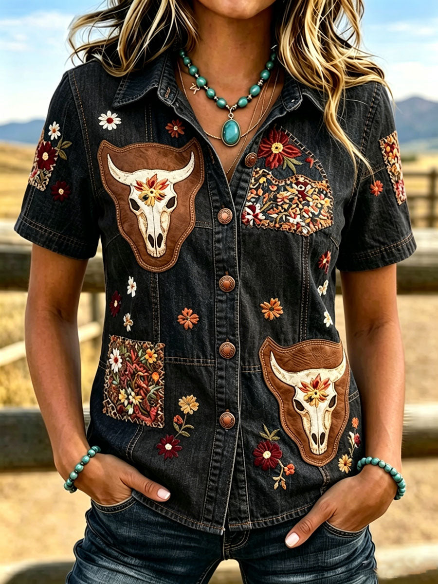 Chemise pour Femme à Imprimé Floral Rétro Animal de Style Western