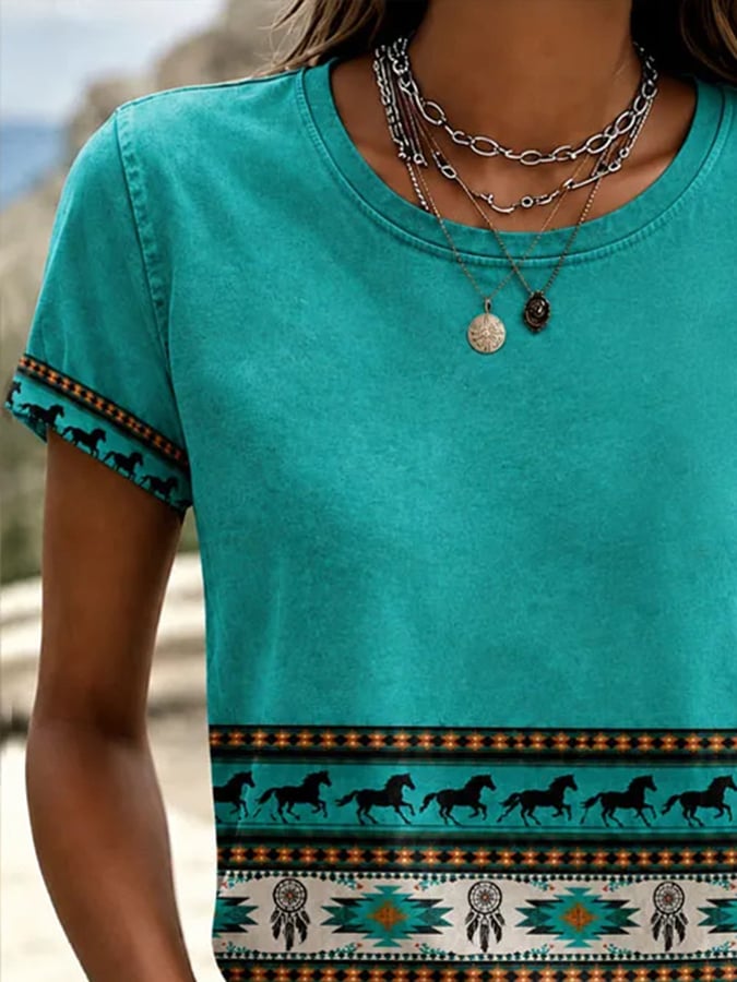 Damen Western-Stil Vintage Print Rundhals T-Shirt
