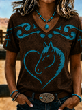 Damen Retro Western-Stil T-Shirt mit V-Ausschnitt und Faith-Aufdruck