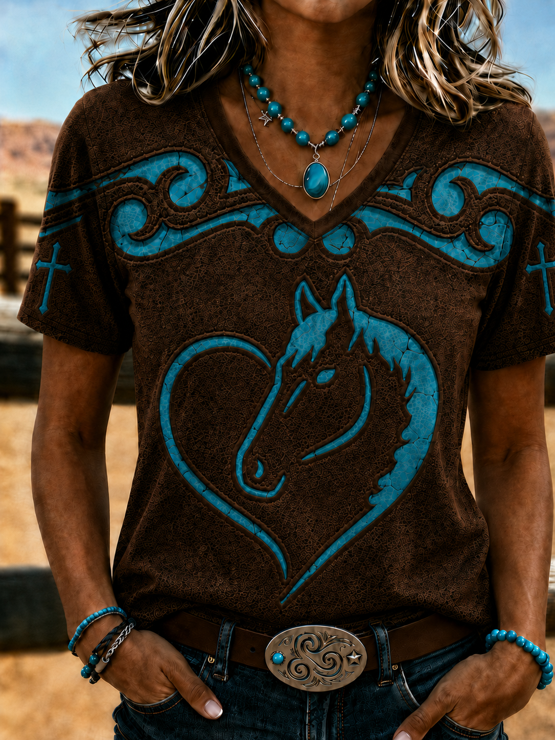 Damen Retro Western-Stil T-Shirt mit V-Ausschnitt und Faith-Aufdruck