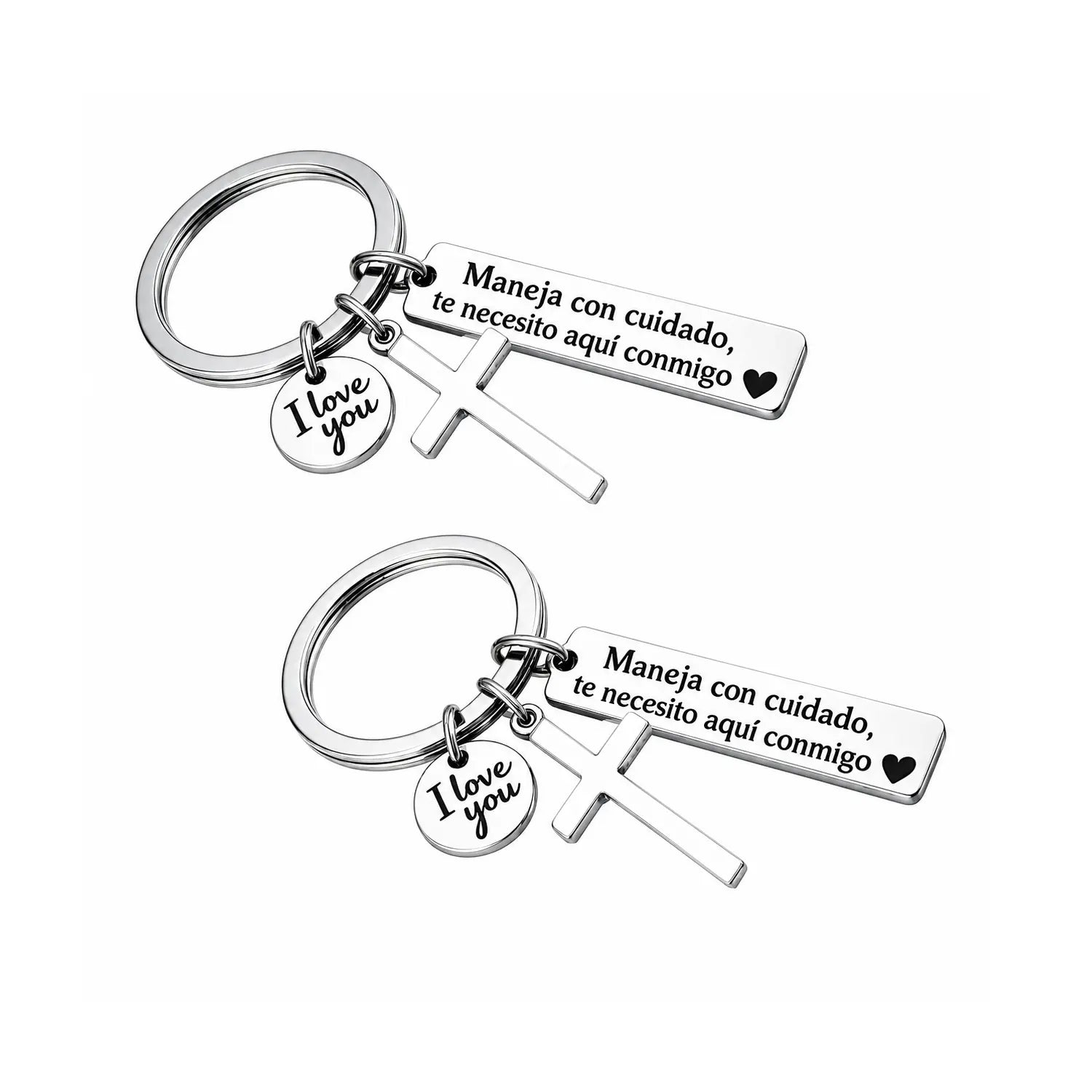 Maneja Con Cuidado Drive Safe Schlüsselanhänger mit Kreuz und I Love You Anhänger