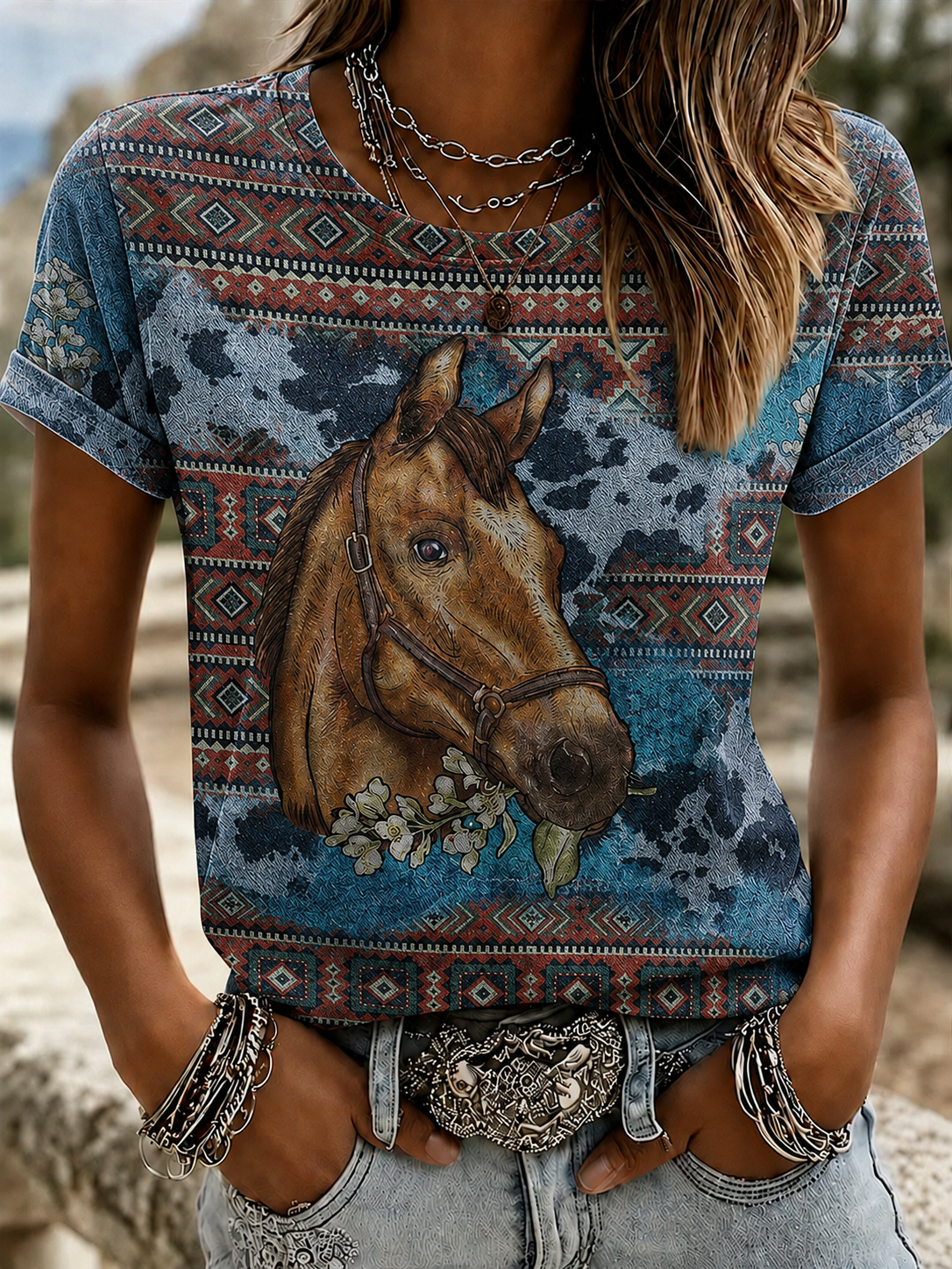 Women'S Retro Western Style Horse Print Casual T-Shirt