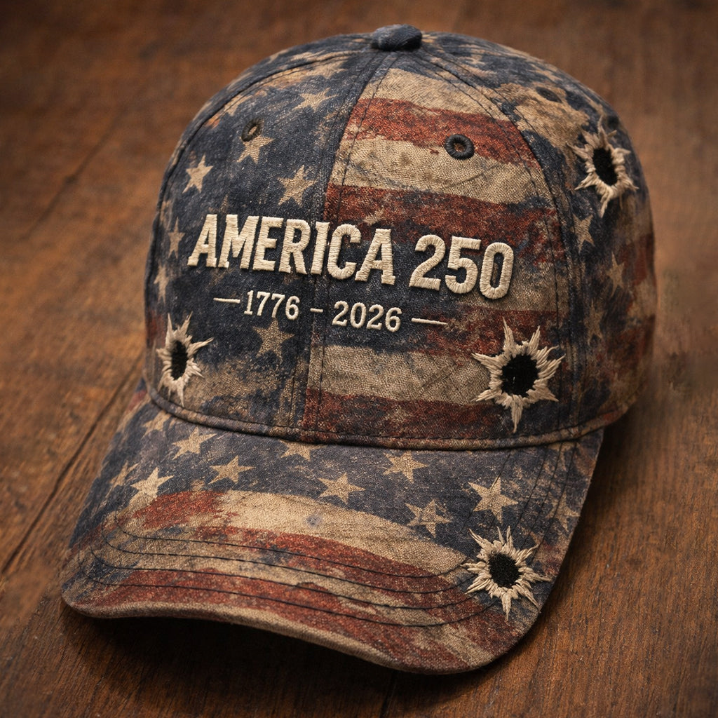 America 250th Anniversary 1776-2026 Vintage Distressed US Flag Bullet Hole Embroidered Baseball Cap