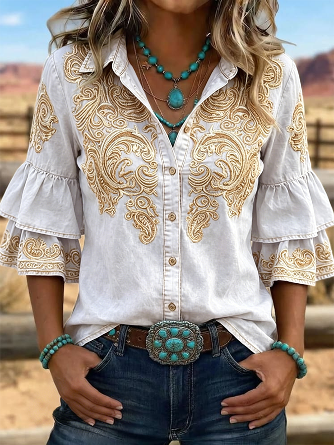 Women's Vintage Floral Print Casual Ruffle Lapel Shirt