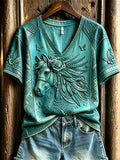 Damen Kurzarm-Top mit Federn und Pferdeaufdruck im Western-Ethno-Stil