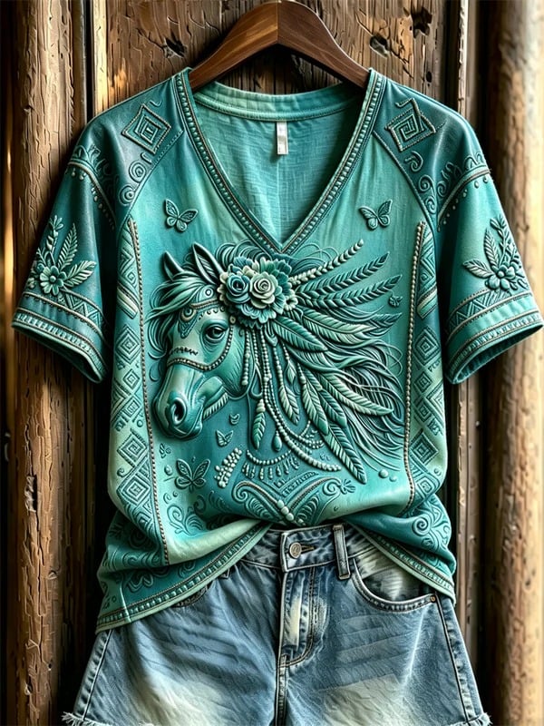 Damen Kurzarm-Top mit Federn und Pferdeaufdruck im Western-Ethno-Stil