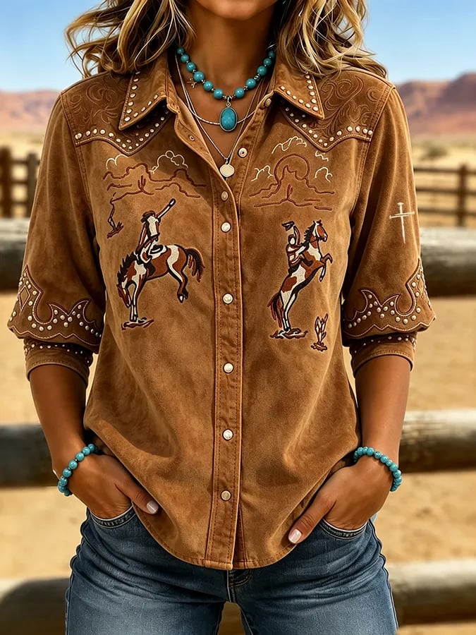 Women's Vintage-Style Western Print Shirt