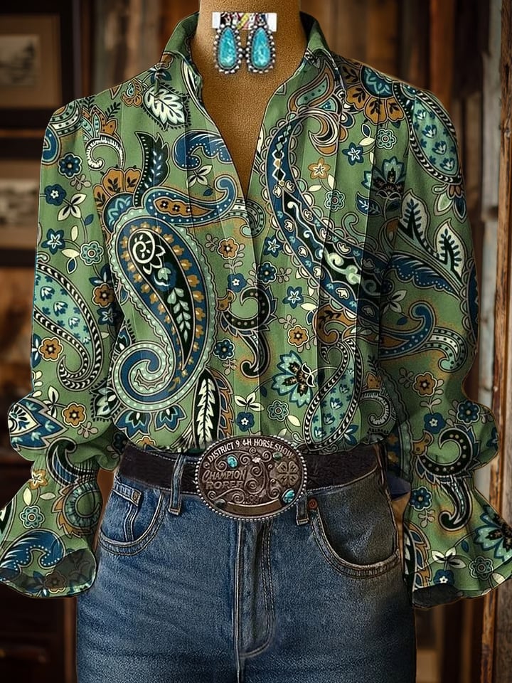 Damen lässiges Westernhemd mit Puffärmeln und Muster