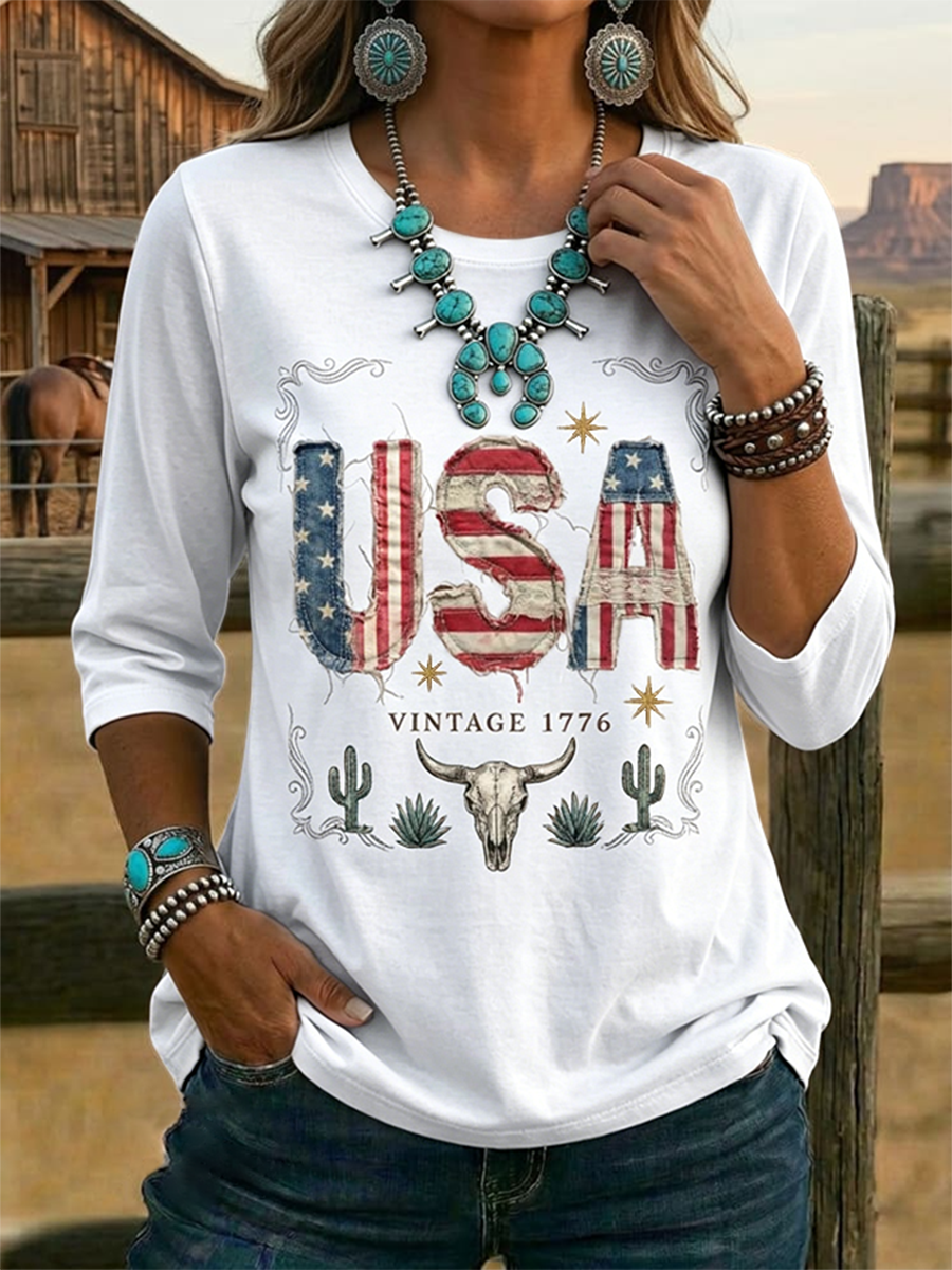 Women's Vintage USA Print Casual Half-sleeve Top