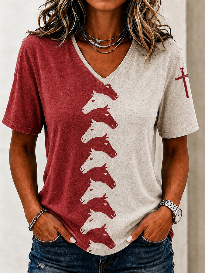 Women'S Western Style Cross Print Casual V-Neck T-Shirt
