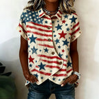 Women'S Cotton And Linen Button Design Casual American Independence Day 250Th Anniversary Short Sleeved Summer Top