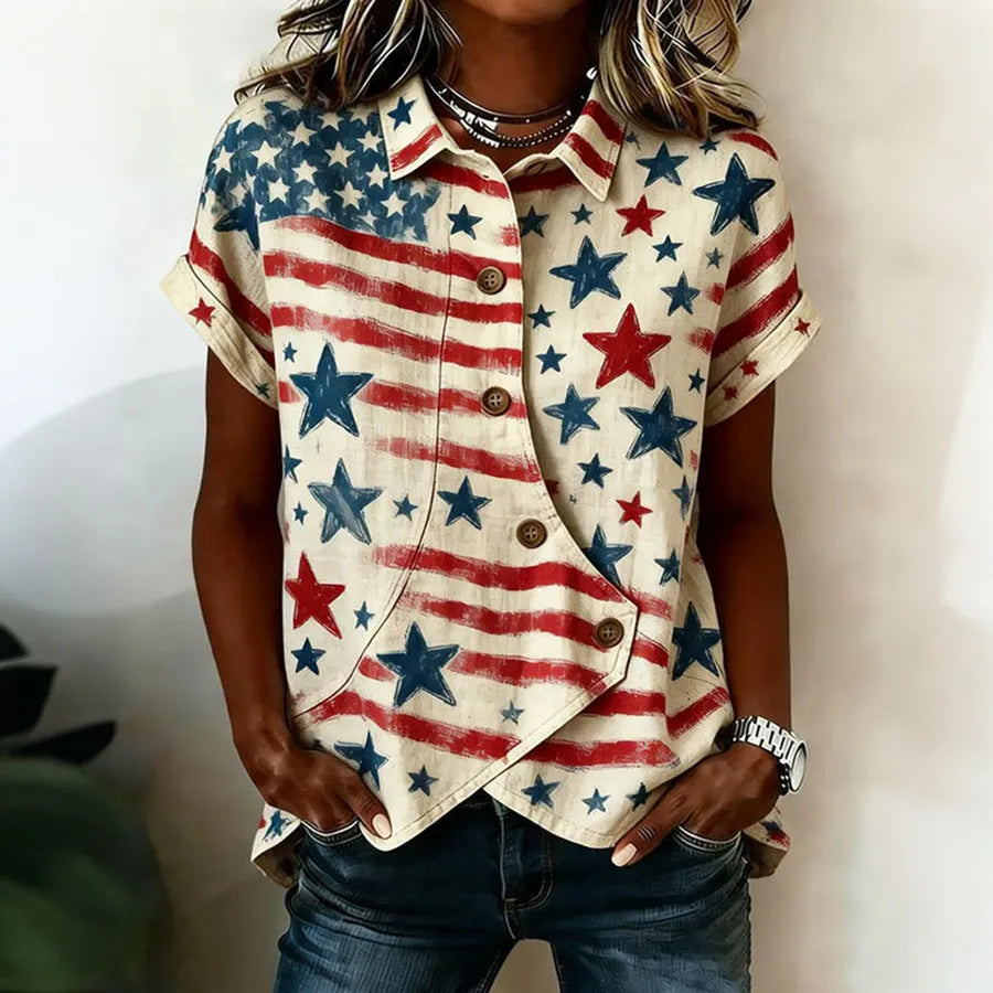 Women'S Cotton And Linen Button Design Casual American Independence Day 250Th Anniversary Short Sleeved Summer Top