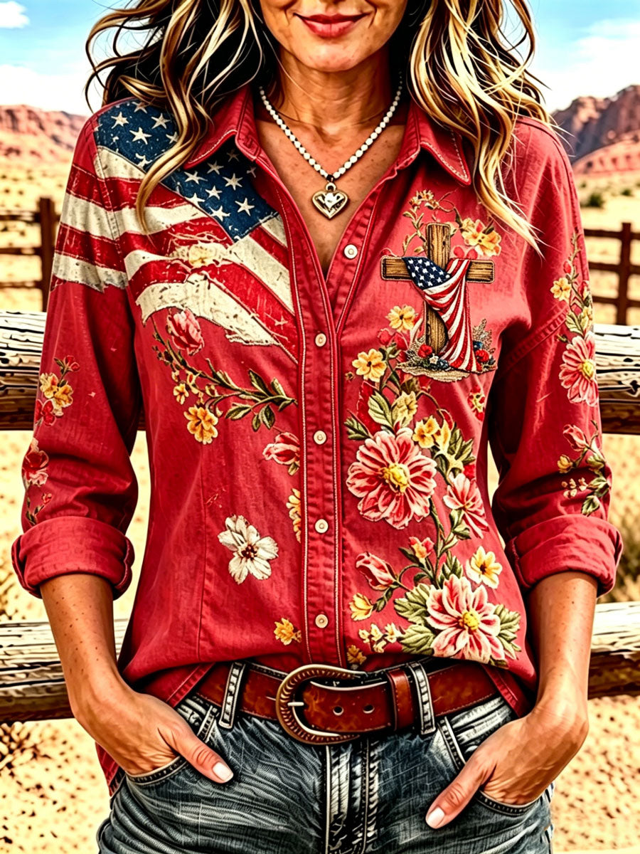 Damen-Langarmshirt mit Western-Glaubenskunst-Print