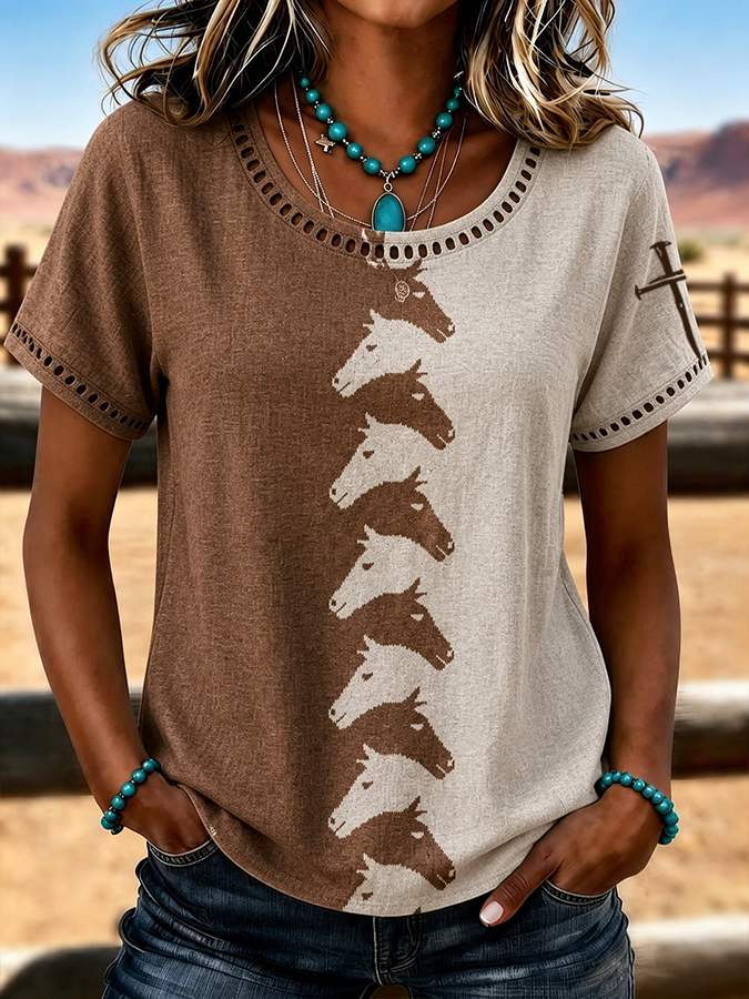 Damen Western Kreuz Retro Blumen Hohl-T-Shirt