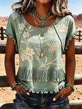Damen Casual Top mit Quasten und Patchwork-Print