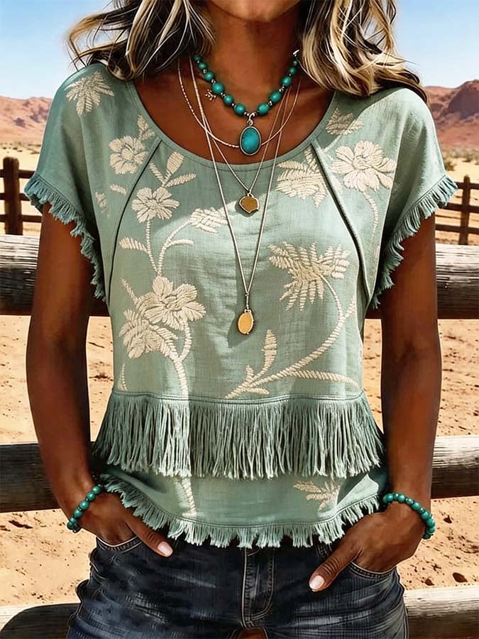 Damen Casual Top mit Quasten und Patchwork-Print