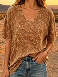 Damen Retro Western Print V-Ausschnitt Top