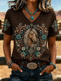 Damen Retro Western Stil Faith bedrucktes V-Ausschnitt T-Shirt