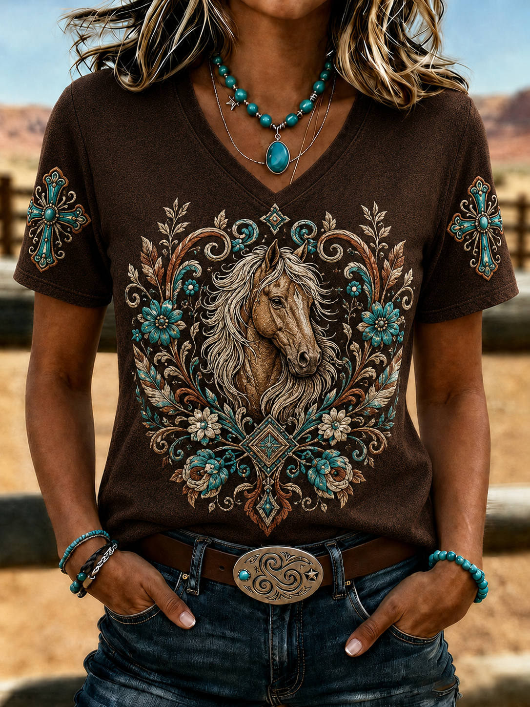 Damen Retro Western Stil Faith bedrucktes V-Ausschnitt T-Shirt