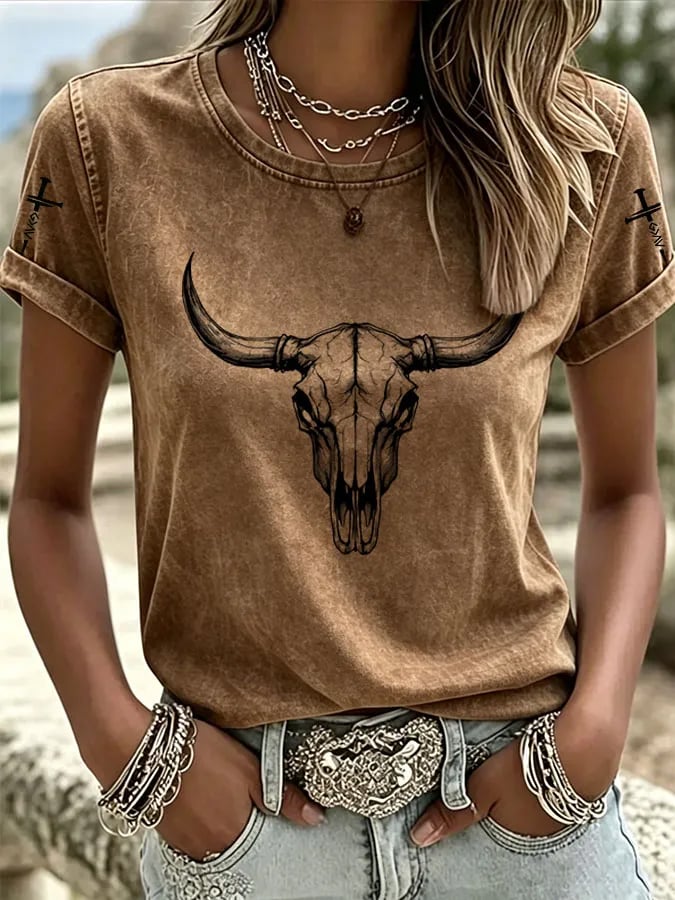 Damen Western Horse Art Faith Farbverlauf Bedrucktes Rundhals-T-Shirt