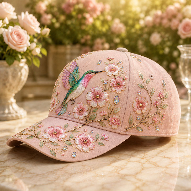 Pink hummingbird floral breast cancer baseball cap