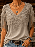 Damen Retro Western Paisley Print Quasten V-Ausschnitt Oberteil