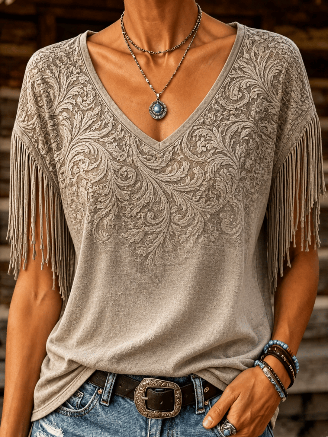 Damen Retro Western Paisley Print Quasten V-Ausschnitt Oberteil