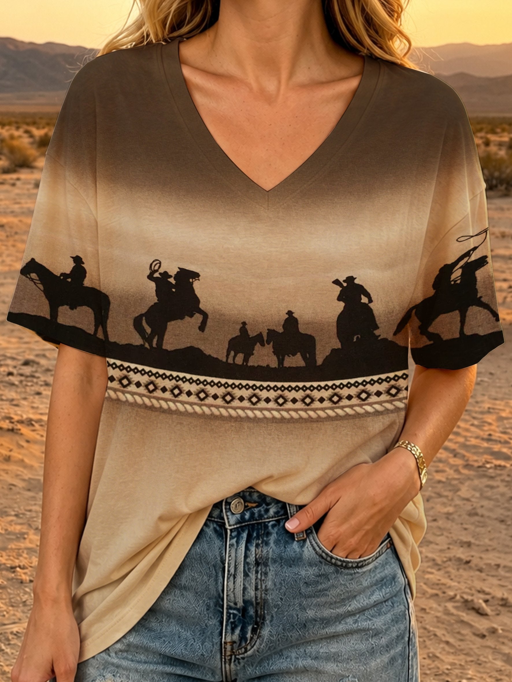 Retro V-Ausschnitt Oberteil mit Western-Print für Damen