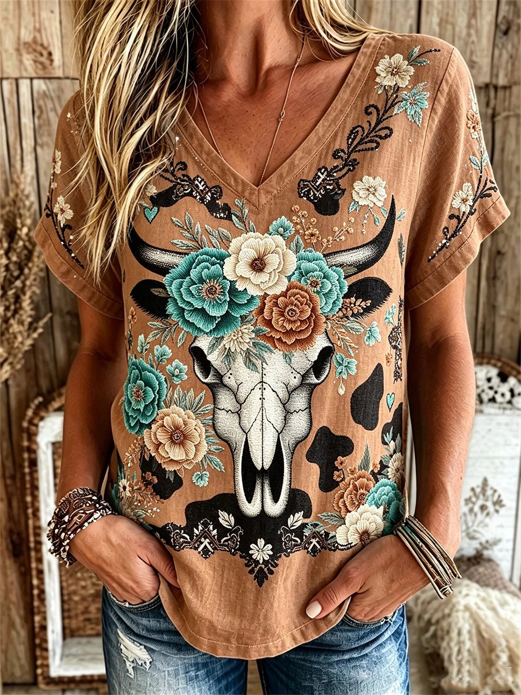 Haut à manches courtes imprimé floral et tête de vache de style western pour femme