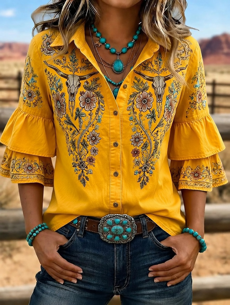 Chemise femme à manches volantées brodées tête de buffle Western
