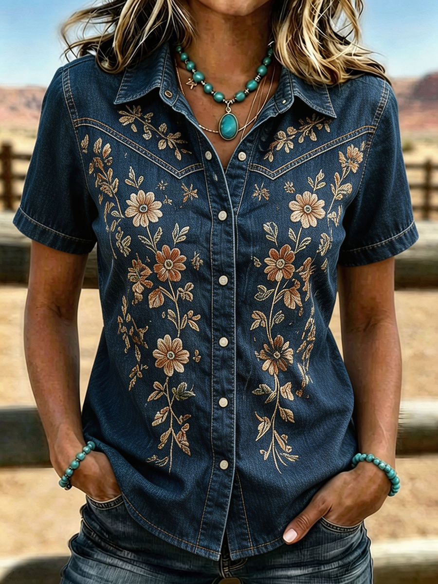 Women's Western Floral Embroidered Short Sleeve Shirt