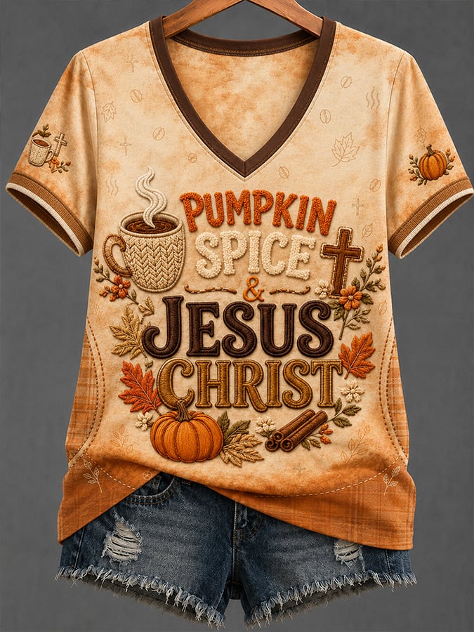 Women's Vintage-Style V-Neck Top with Faith-Themed Print (Autumn)