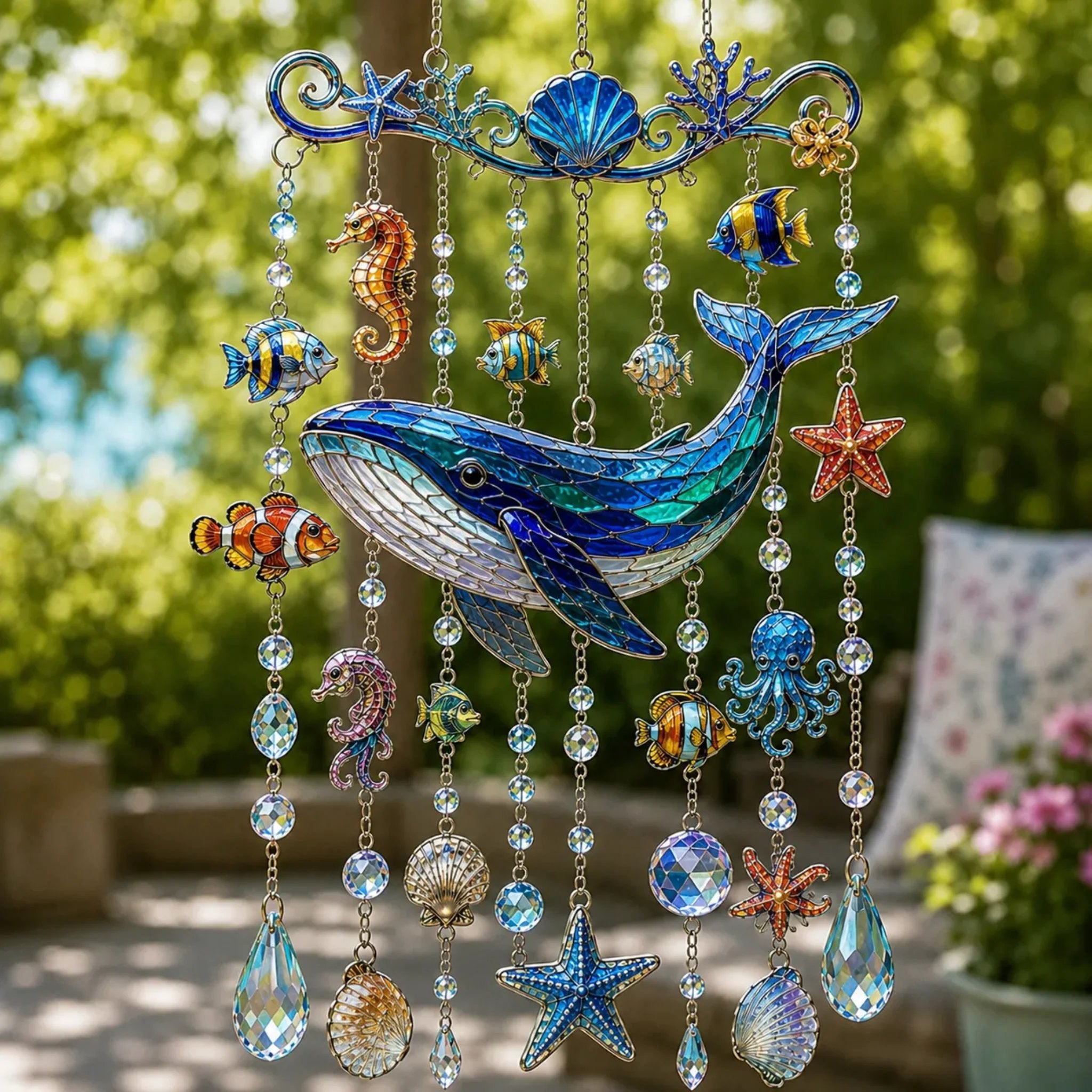 🔥🐋🐢🐬Ocean-Themed Crystal Wind Chime â€?🌊Bring the Ocean Glow to Your Garden