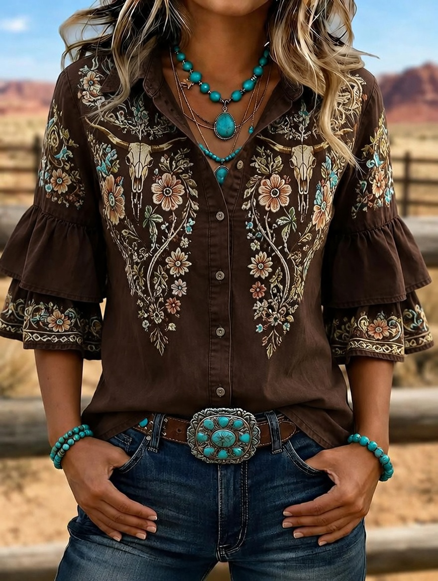 Chemise femme à manches volantées brodées tête de buffle Western