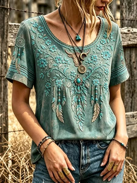 Damen-Oberteil mit Western-Print im Vintage-Stil