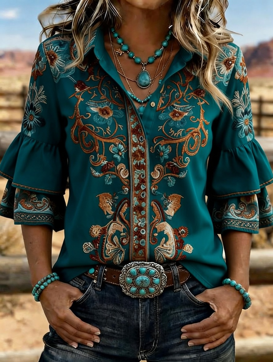 Women's Western Floral Embroidered Denim Bell Sleeve Shirt