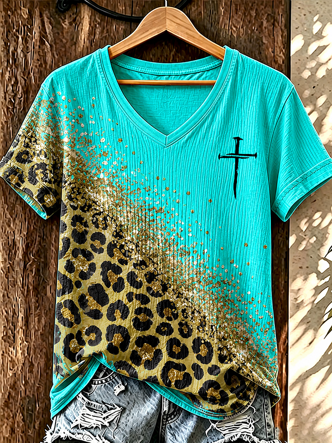 T-shirt décontracté à col rond et croix occidentale pour femme