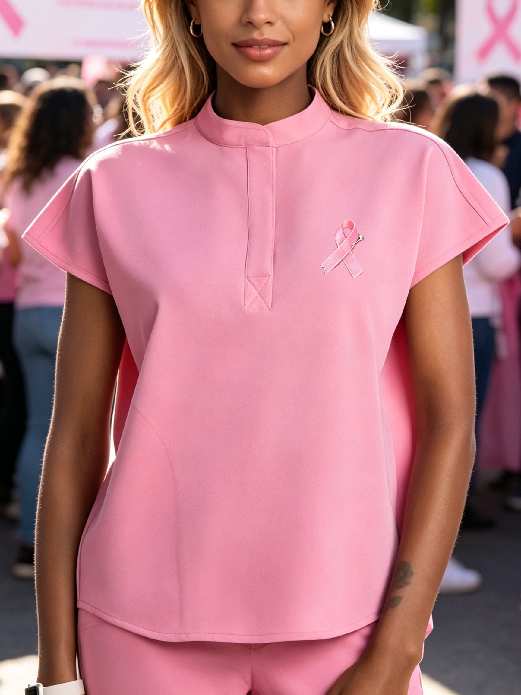 Damen Brustkrebs-Bewusstsein Übergroßes Scrub Top Kreide Rosa Bluse