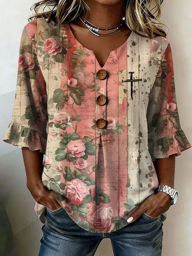 Damen Freizeit Retro-Print Button-Up Hemd