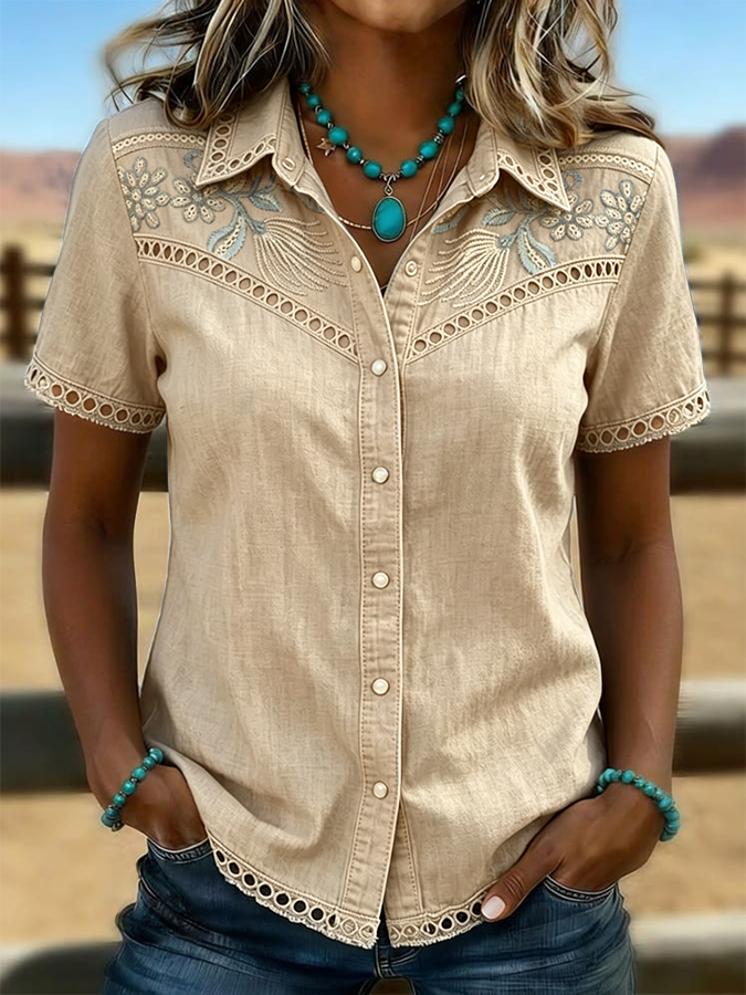 Women's Vintage Floral Art Print Hollow Patchwork Casual Shirt