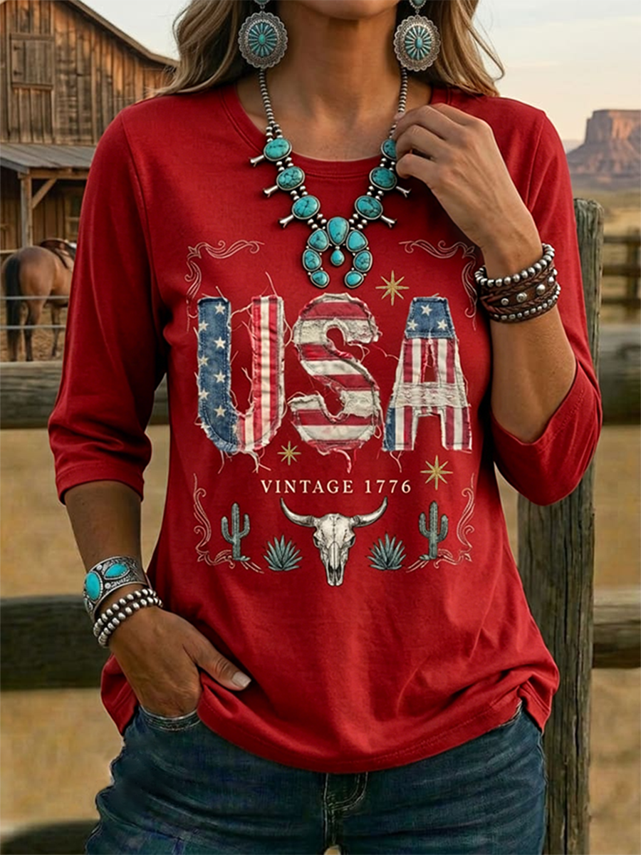 Women's Vintage USA Print Casual Half-sleeve Top