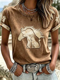 Damen T-Shirt mit kurzem Arm, Western-Stil, Pferde-, Hunde- und Katzenmuster, Faith