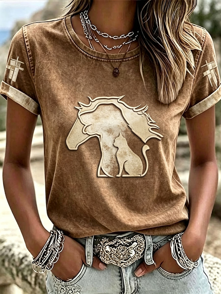 Damen T-Shirt mit kurzem Arm, Western-Stil, Pferde-, Hunde- und Katzenmuster, Faith