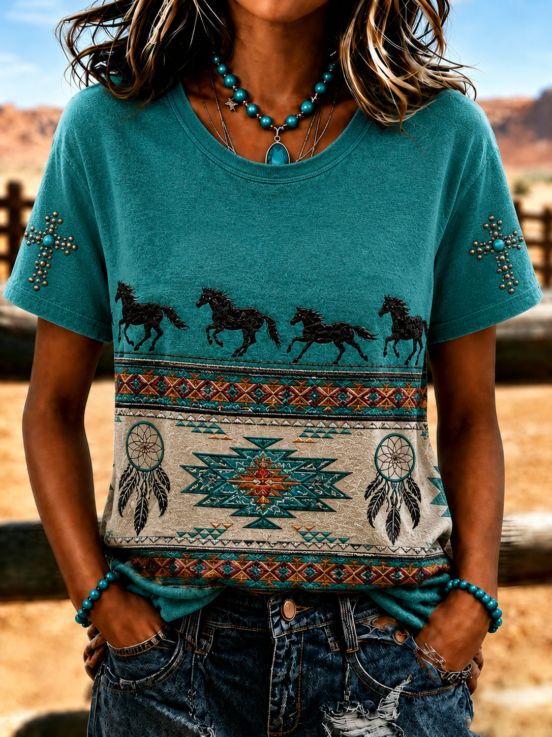 Damen Retro Western Style T-Shirt mit Glaubens-Print