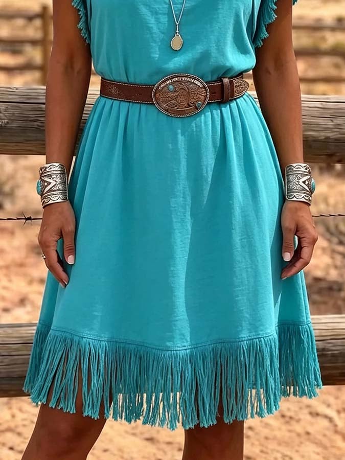 Damenkleid mit Quasten und Patchwork im Casual-Stil