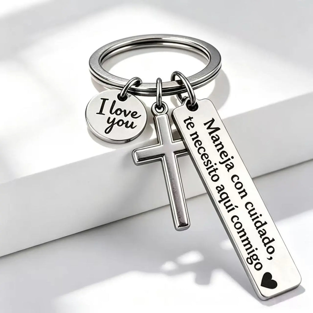 Maneja Con Cuidado Drive Safe Keychain with Cross & I Love You Charm
