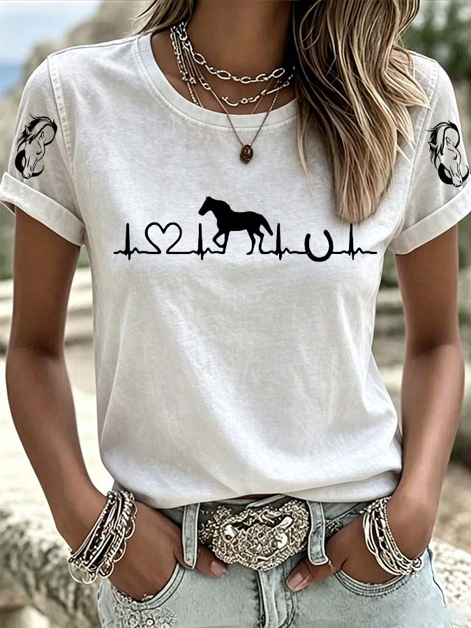 Damen T-Shirt mit Rundhalsausschnitt und Tiermuster im Western-Stil