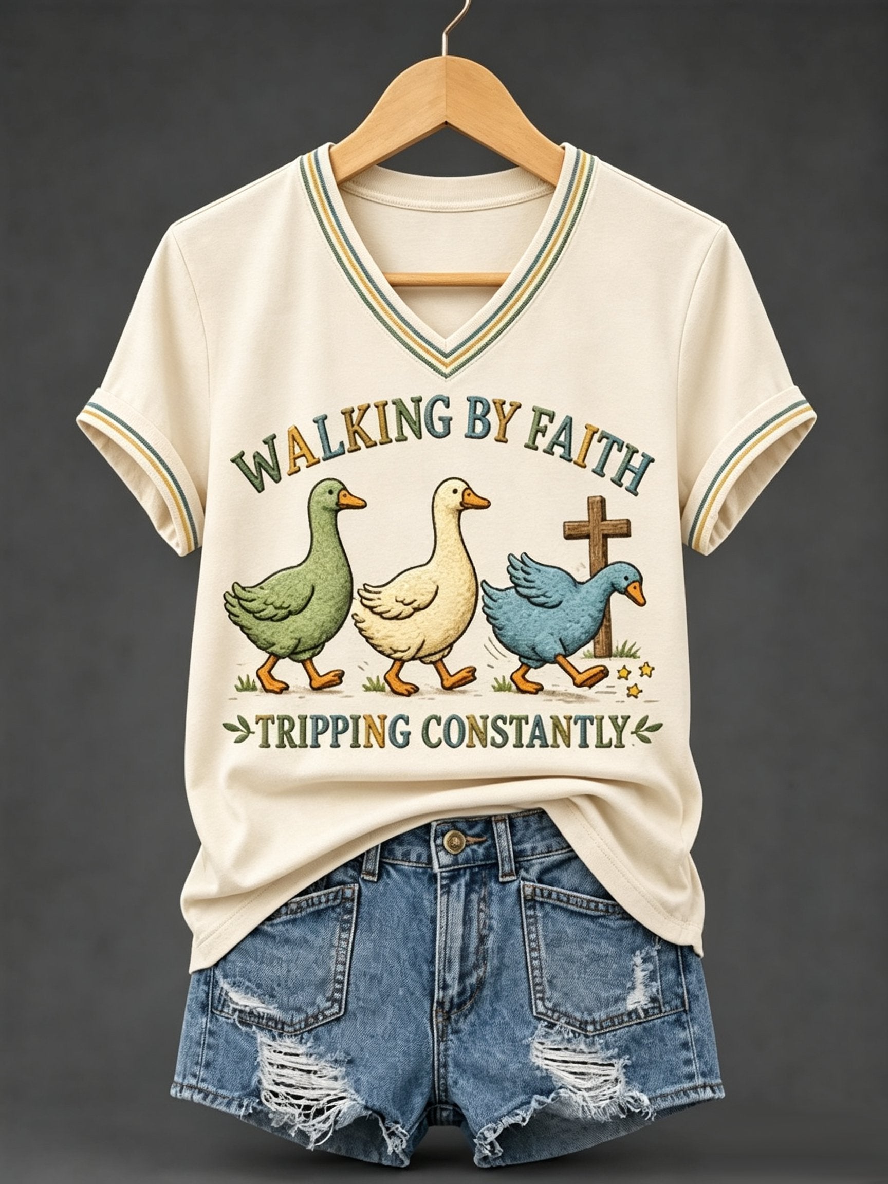 Classic Walking By Faith Tripping Constantly Goose Print Christian Inspirational Short-Sleeved Shirt